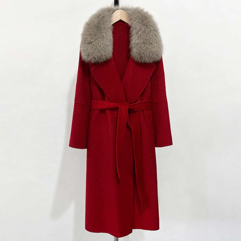 Chaqueta de piel de zorro cálida de lana elegante para mujer, abrigo de lana a la moda, abrigo largo de primavera con cuello de piel auténtica y grande para mujer, abrigo de piel de realidad