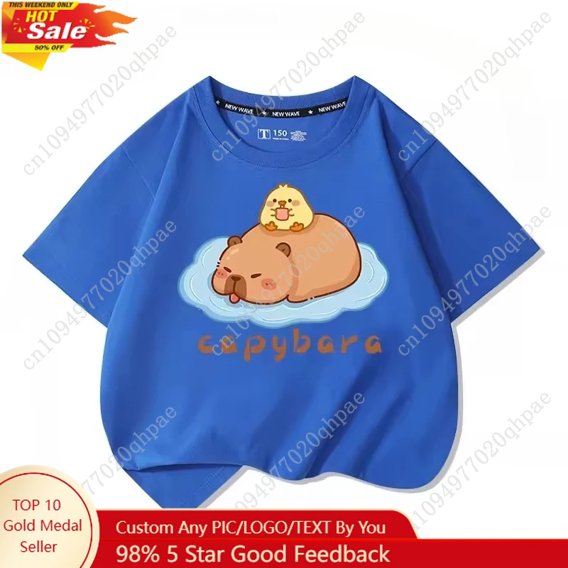 

2025new Glasses Wearing Capibala Cute Printed Short Sleeved Tshirt for Summer Children's Short Sleeved Candy Colored Cartoon Top
