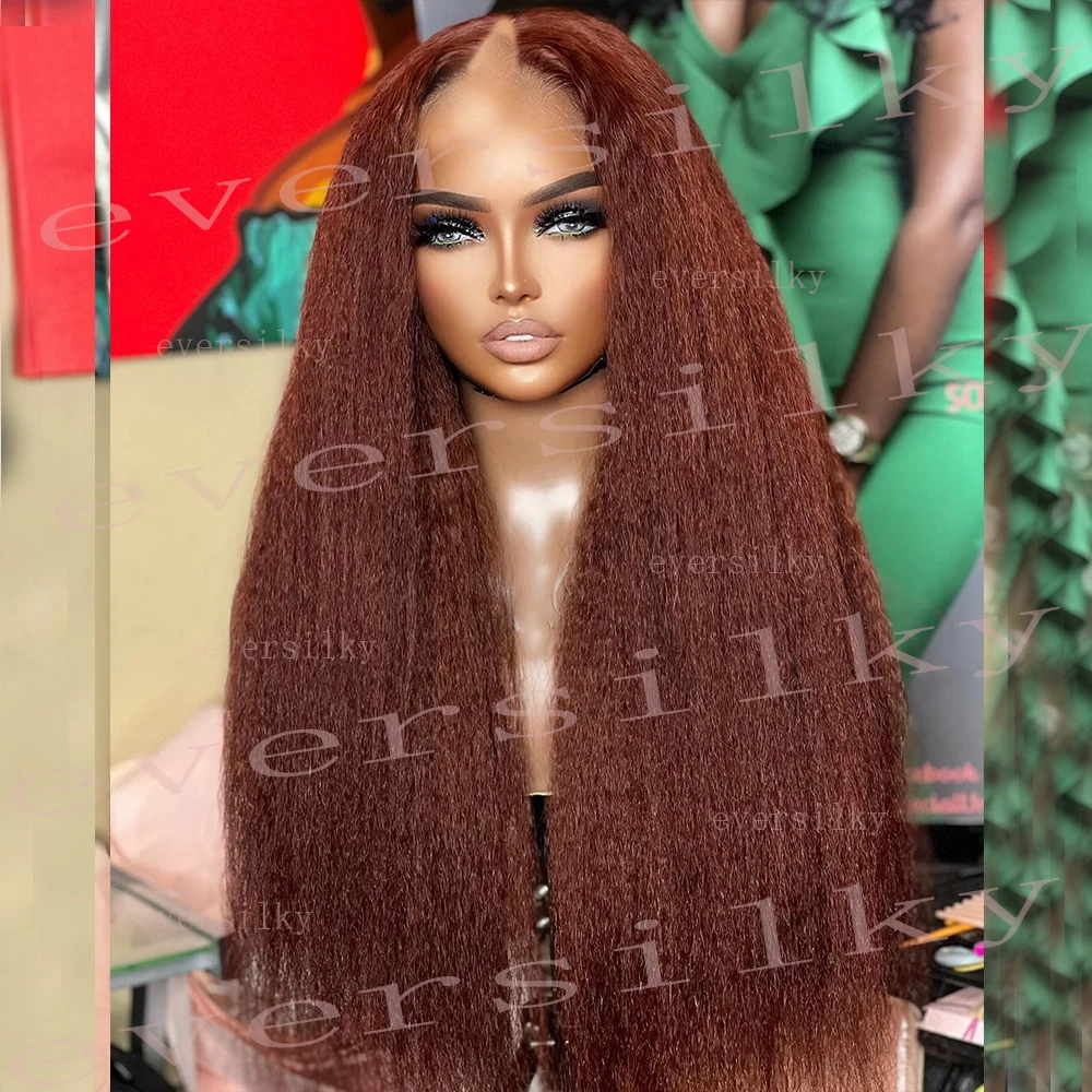 

Dark Auburn Kinky Straight V Part Wig 100% Human Hair Unprocessed Reddish Brown Copper Burgundy Yaki Straight Full U Shape Wigs