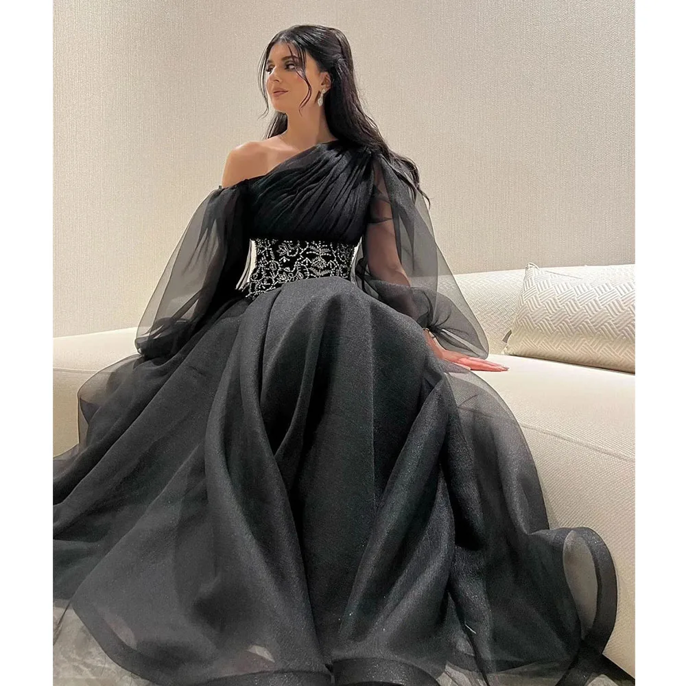 

A-line Elegant Evening Gown for Women Floor-Length One-Shoulder Full Sleeves Lace Long Prom Party Dresses فساتين مناسبة رسمية