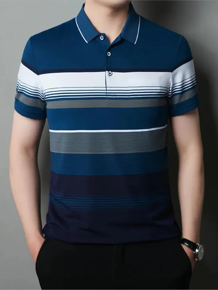 Men\'s Polo Shirts Korea Man Golf Shirts Summer Striped Print Button Clothing Business Style Male Streetwear Short Sleeve T-Shirt