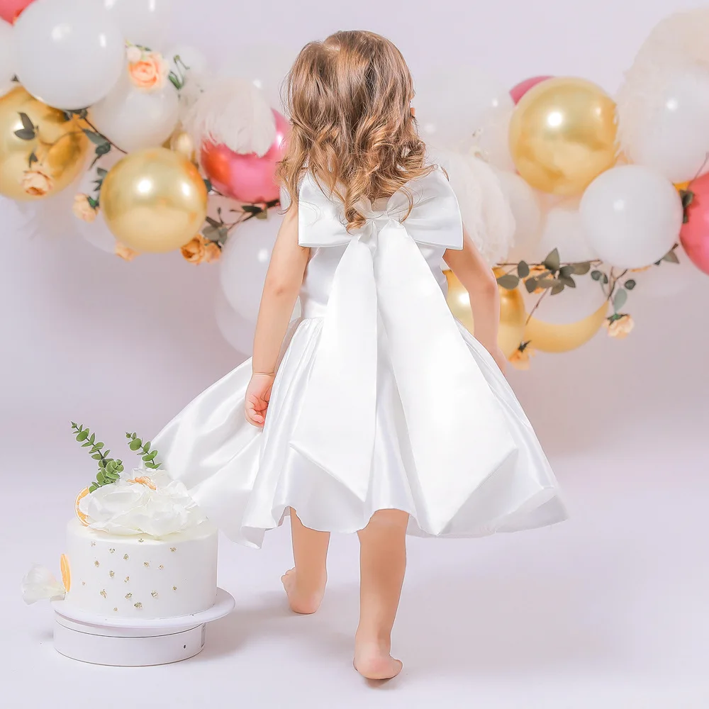 Big Bowknot White Dress For Girls Party Dresses Baby GIrl Clothes Princess Dress Elegant Birthday Dress Gown Baptismal Costume