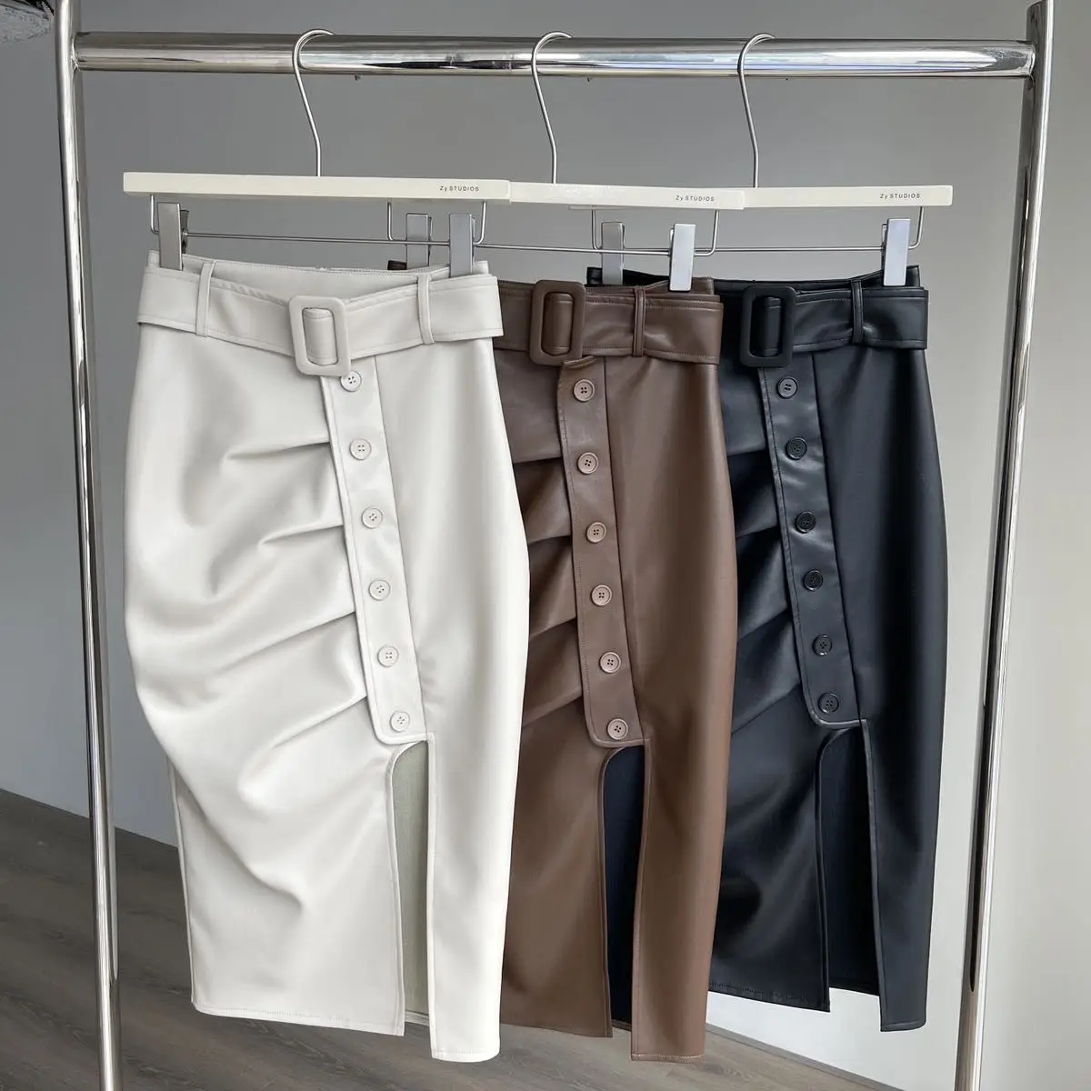 Faux Leather Skirt Women High Waist Wrap Hip Pleated Irregular Belt Solid Mid-calf Skirts Korean Fashion Female Clothes