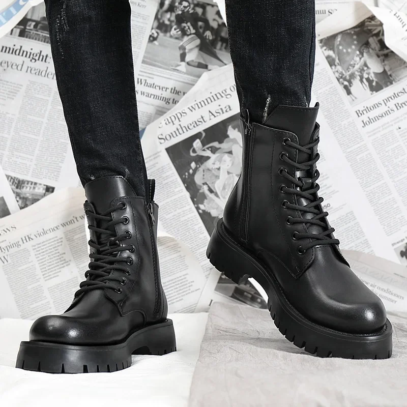 2024 Autumn Winter Shoes Men Leather Boots Thick Sole Non-slip Warm Plush Cold Winter Cow Leather Male Ankle Botas Black KA4867