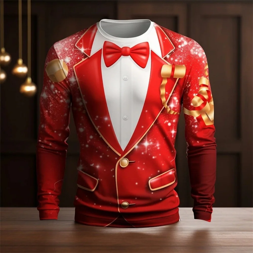 

Fun Christmas Costume T-Shirts Fake Suit Tie 3D Print Men's O-Neck Long Sleeve T-Shirt Pullovers Oversized Street Men's Shirt