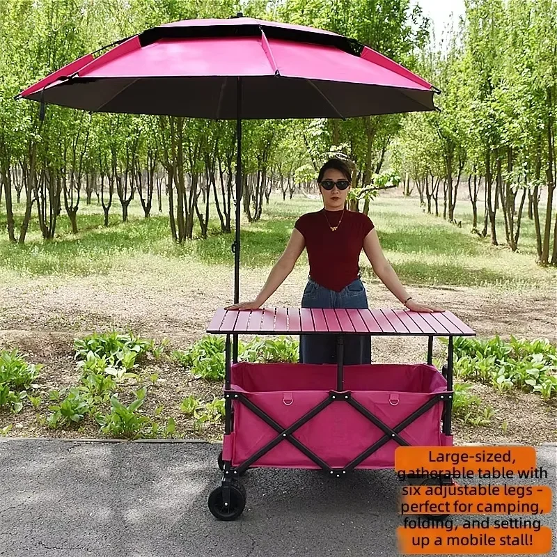 Multifunctional Four-Wheel Folding Camping Wagon Liftable Table Steel Tube OEM Large Canopy Umbrella Outdoor Beach Garden