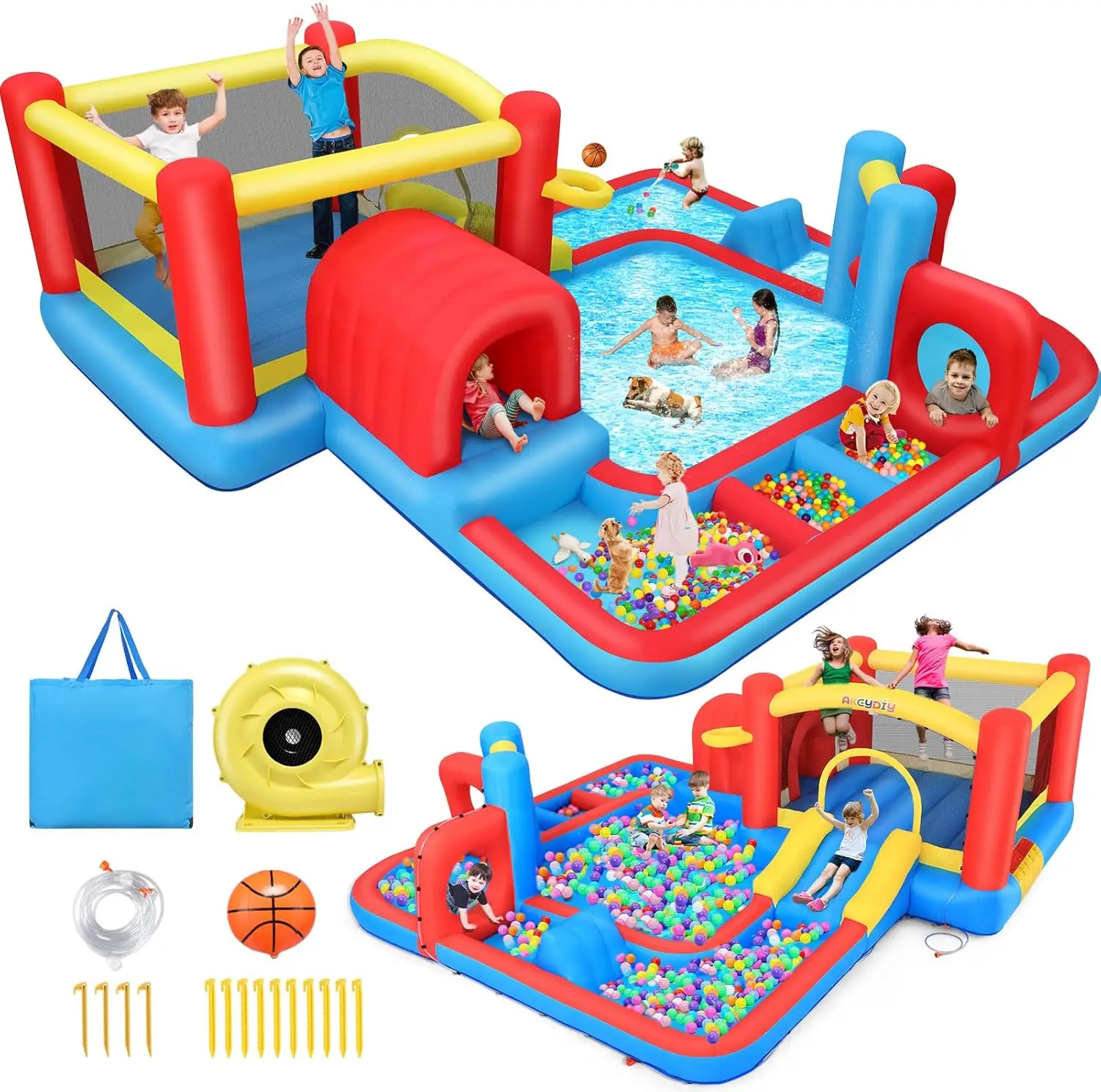 

Надувной батут Whubefy 14.3x14.3 фута, надувная полоса препятствий с водной горкой, туннелем и зоной для бокса