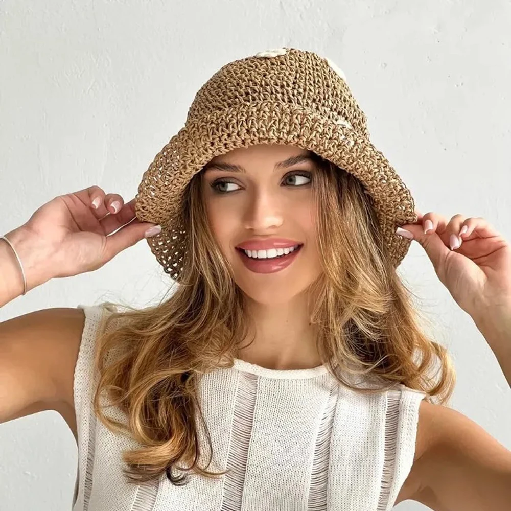 قبعة صيفية من القش على شاطئ البحر قابلة للطي للشمس والظل قبعة صياد السمك منسوجة للأنشطة الخارجية على الشاطئ
