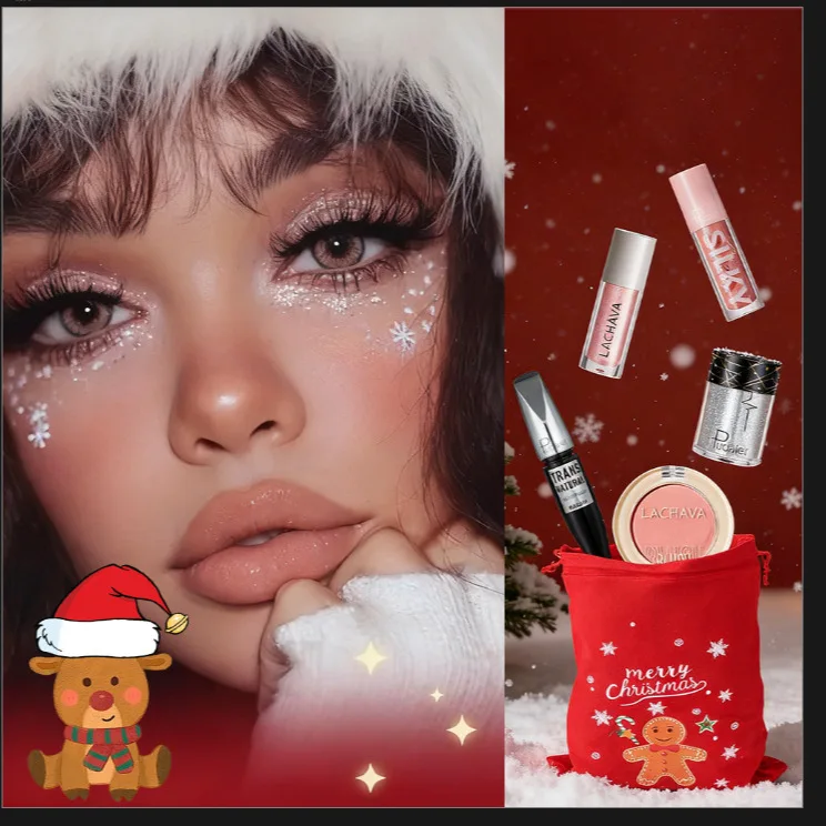 Christmas Makeup Kit Lip Gloss, Mascara, Eyeshadow and Highlighter Multi-functional 5pcs Set Cosmetic Christmas Gift Box forGirl
