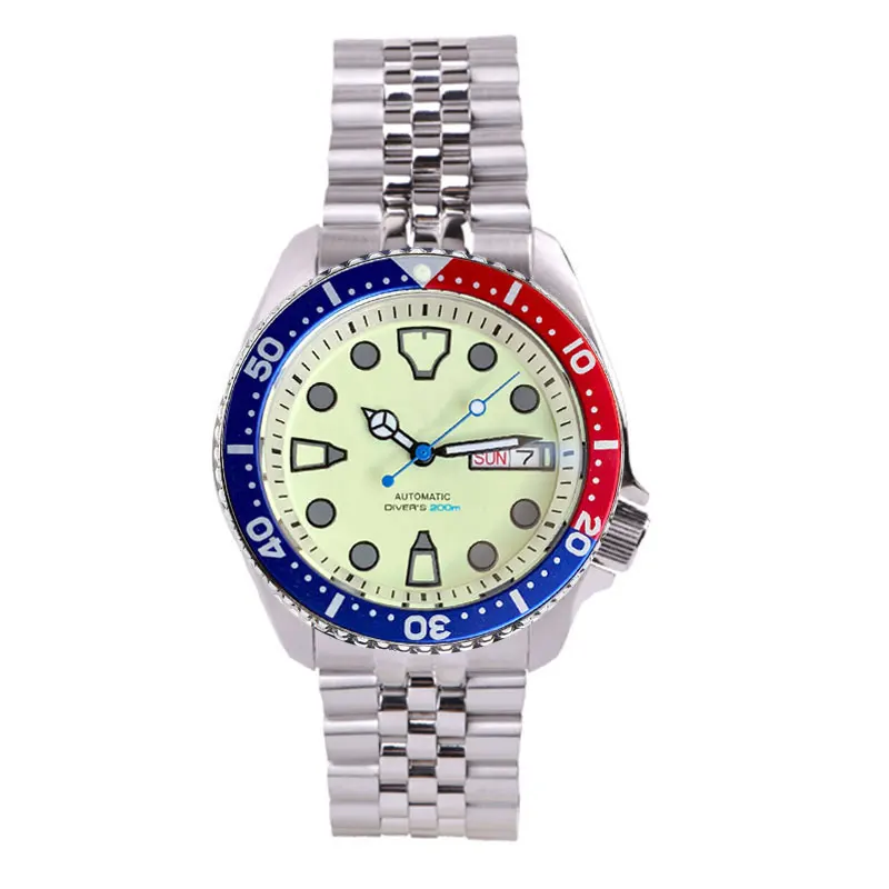 Tandorio 41mm NH36A Mechanical Men Watch 3.8 Crown Full Green Luminous Beige Dial Date/Weekday Window Jubilee Bracelet image 3