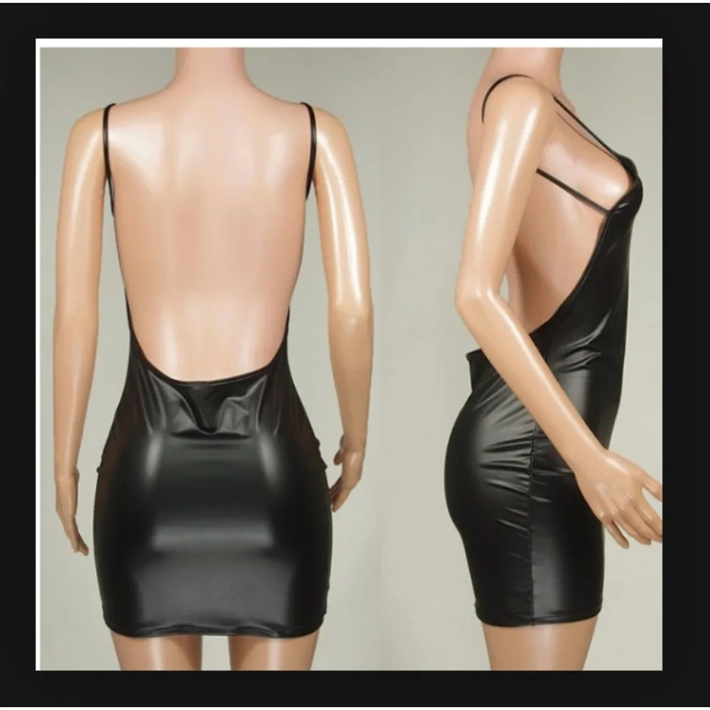 Faux Leather Short Dress Women Sexy Black Temptation Dresses Top Short Club Dresses Wet Look Latex Push Up Bra Mini Dress Robe