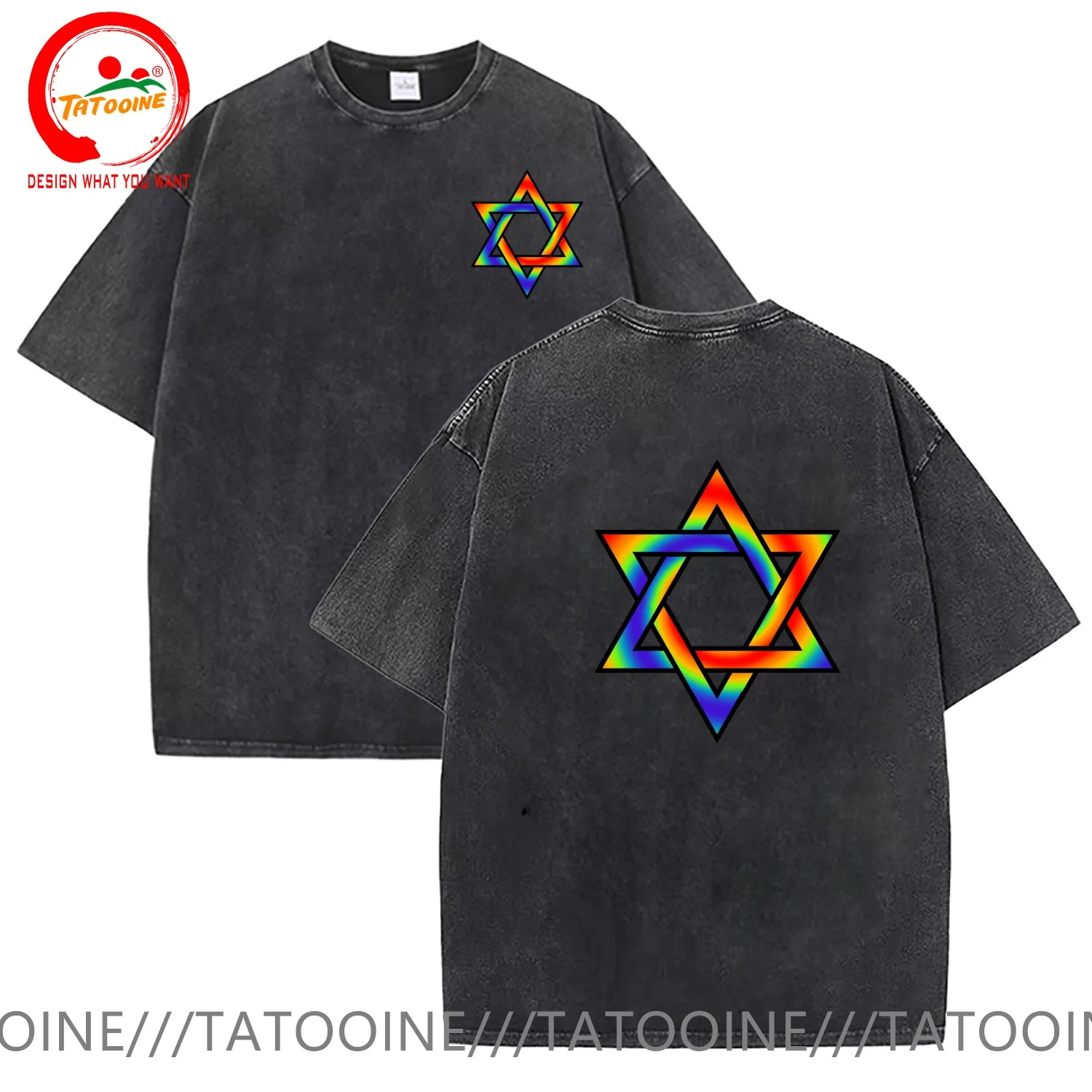 Vintage Washed Cotton T-Shirt Israel rainbow-gradient-star-of-david-sym T Shirt Men Summer Casual T Shirt Soft Fashion TeeShirt