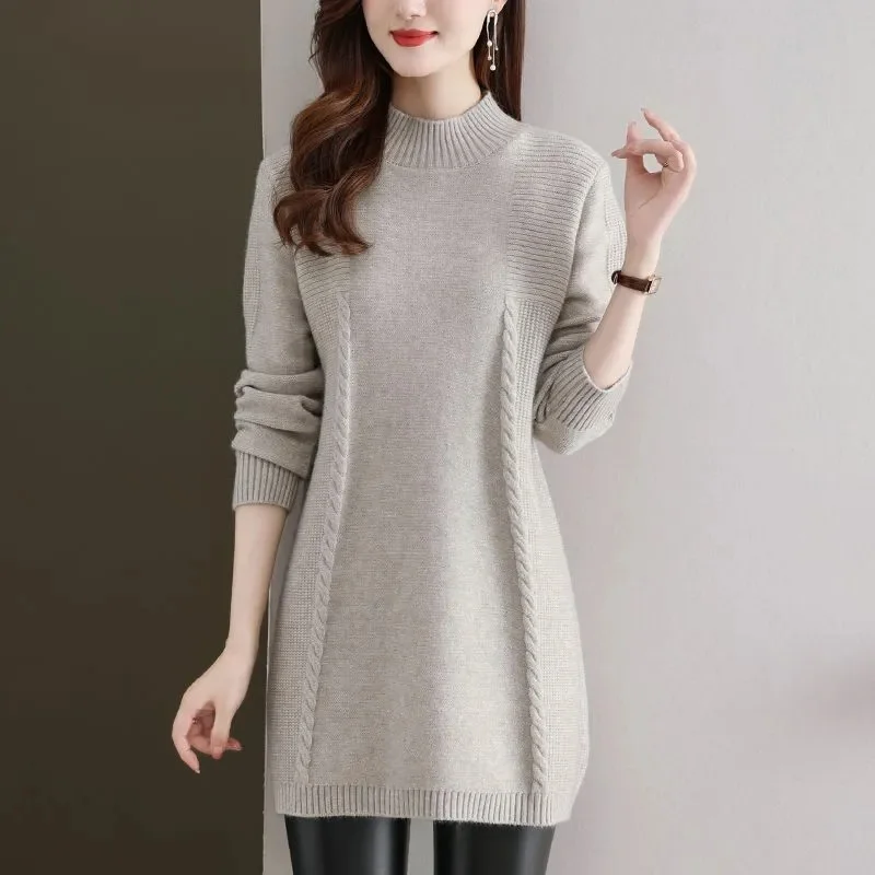 Women Knitted Sweater Pullover Korean Solid Half Turtleneck Mid Long Sweater Bottoming Shirt Jumper Pull Female Knit Tops New