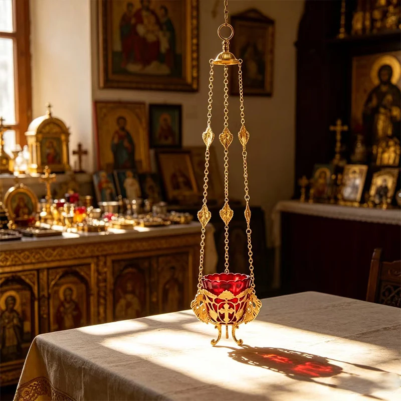 Gold Plated Hanging Sanctuary Lamp with Red Glass Votive Holder & Cross Motif for Orthodox Christian Church Altar Religious Deco
