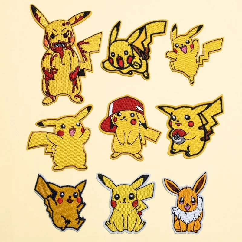 9pcs Pokemon Game Pikachu Cartoon Anime Patches on Clothes Embroidery Patch Sewing Thermal Stickers on Jackets Pants Decor Gift