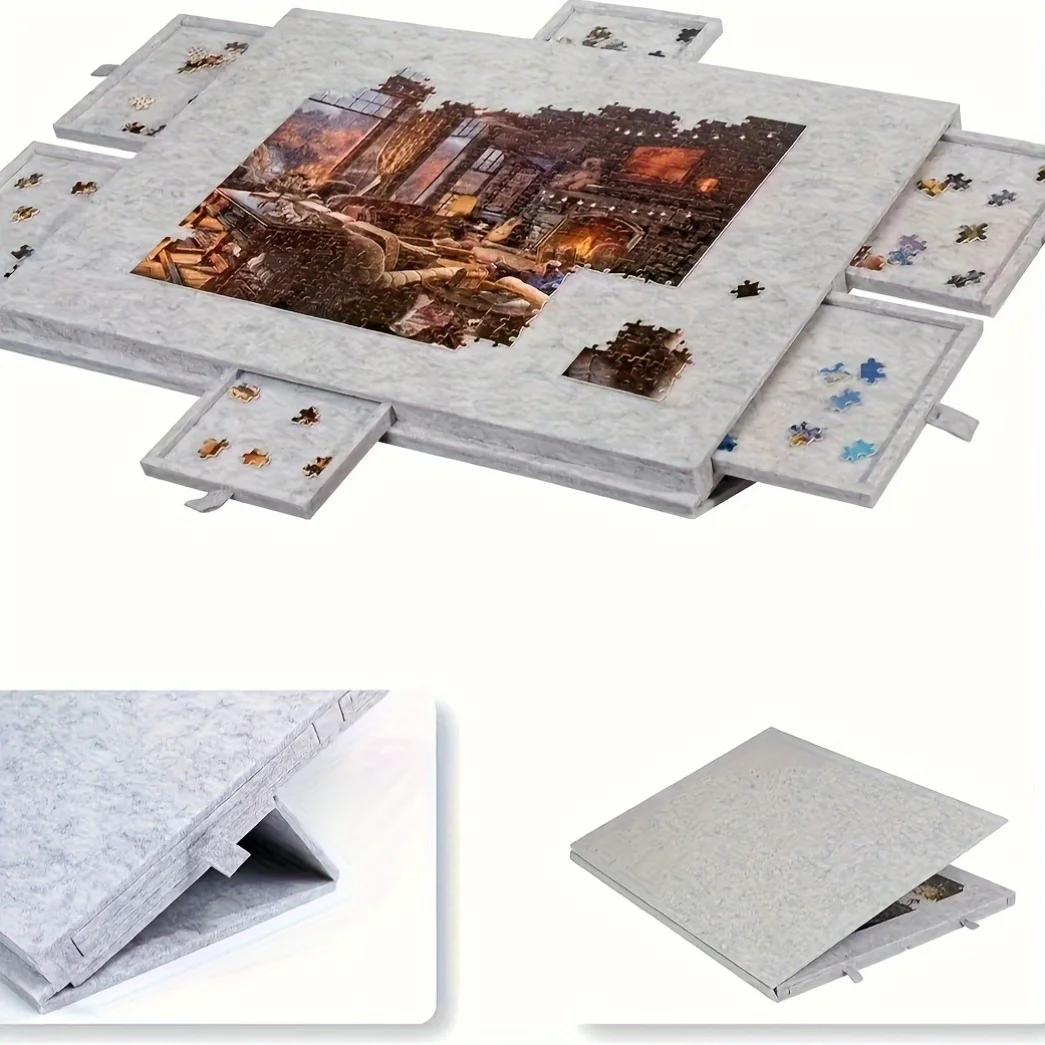 7pcs/Set Puzzle Storage Table with 6 Drawers, Felt Top Work Surface, Collapsible Portable Organizer for 1000pcs Jigsaws