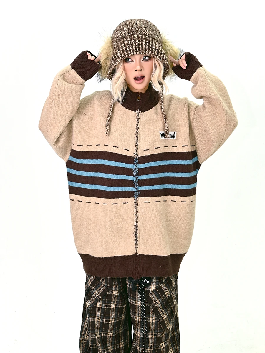 

Мягкий уютный полосатый вязаный свитер-кардиган женский свободного кроя в американском стиле, зимний, модный, уличный, с длинными рукавами, стандартной длины