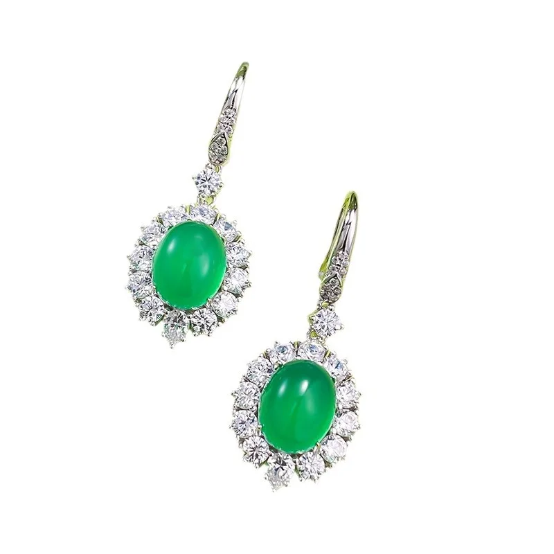 

S925 Silver Ear Studs 8 * 10 Green Jade Chalcedony Ear Studs Rich Women's Simple and Elegant Versatile Earring Jewelry