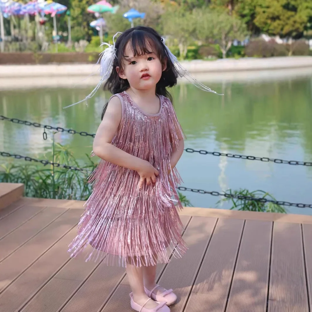 French Girls Summer Fringed Sleeveless Foreign Style Blingbling Birthday Dress Vest Skirt Fashion Casual