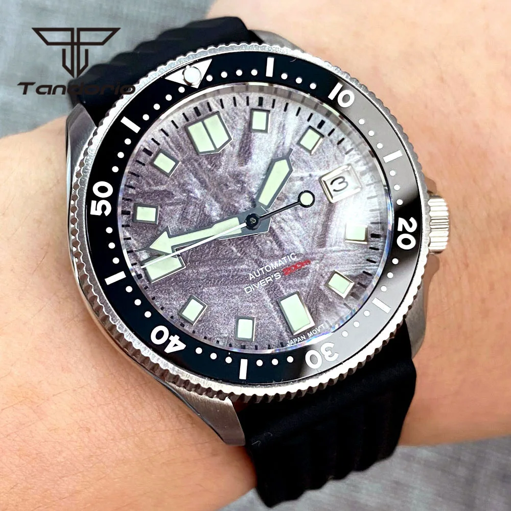 Tandorio 37mm NH35A Dive Automatic Watch for Men Ladies Luminous Meteorite Pattern Dial Sapphire Glass Ceramic Bezel Date Rubber