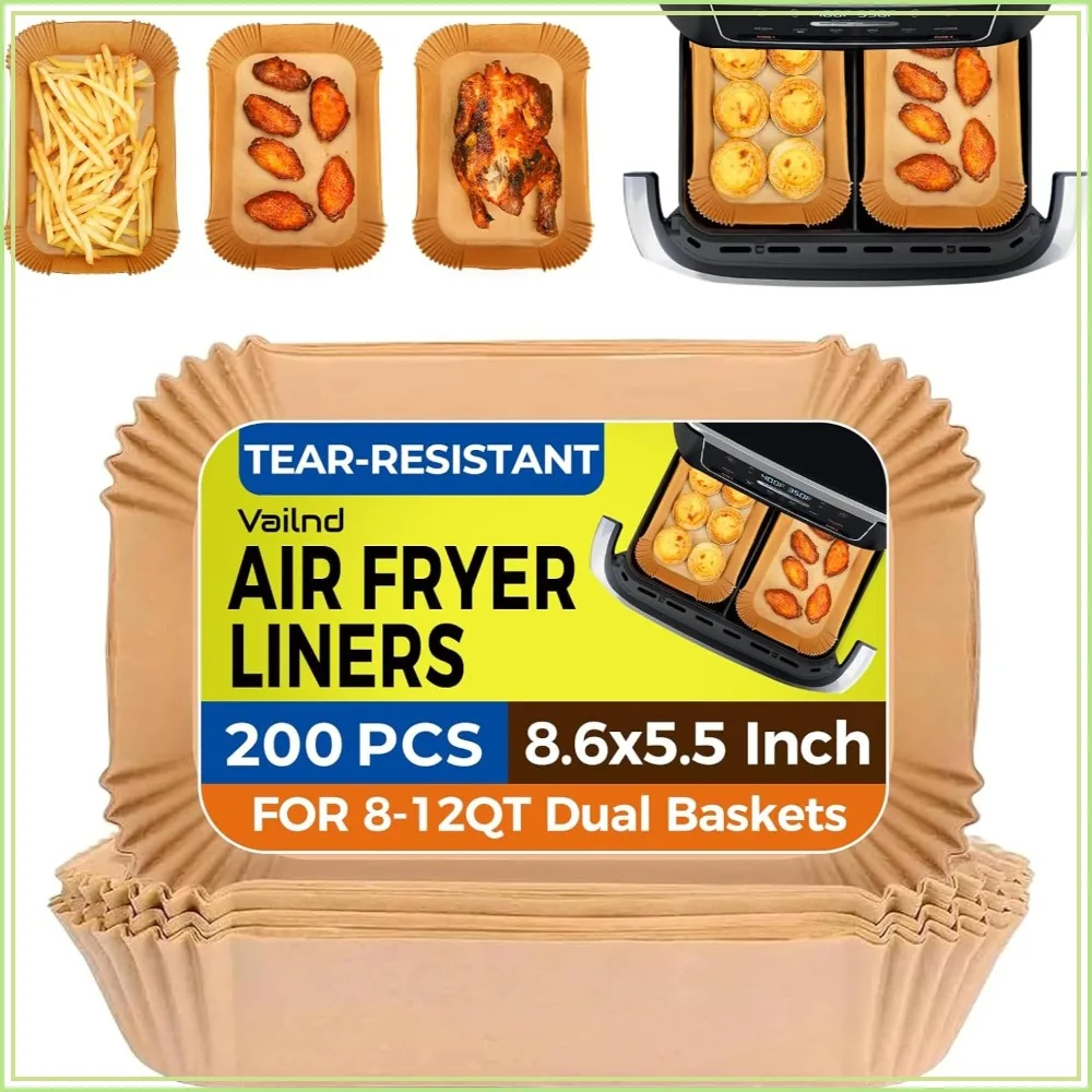 

200Pcs Disposable Air Fryer Liners for Dual Basket, 8.6x5.5 Inch Rectangle Parchment Paper, Oil Proof Baking Liners for Ninja, Chefman, COSORI