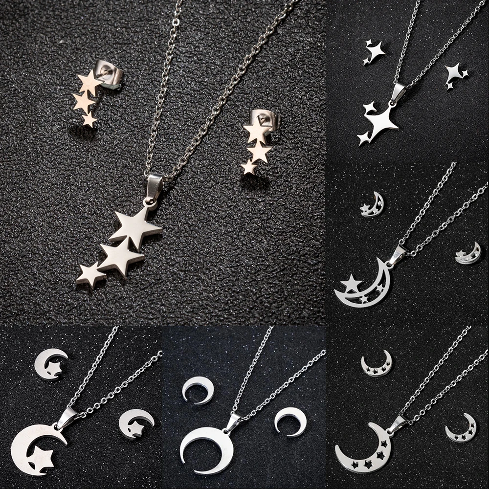 Classic Stainless Steel Clavicle Chain Necklace Earrings Jewelry Set For Women Small Moon And Star Party Birthday Girls Gifts