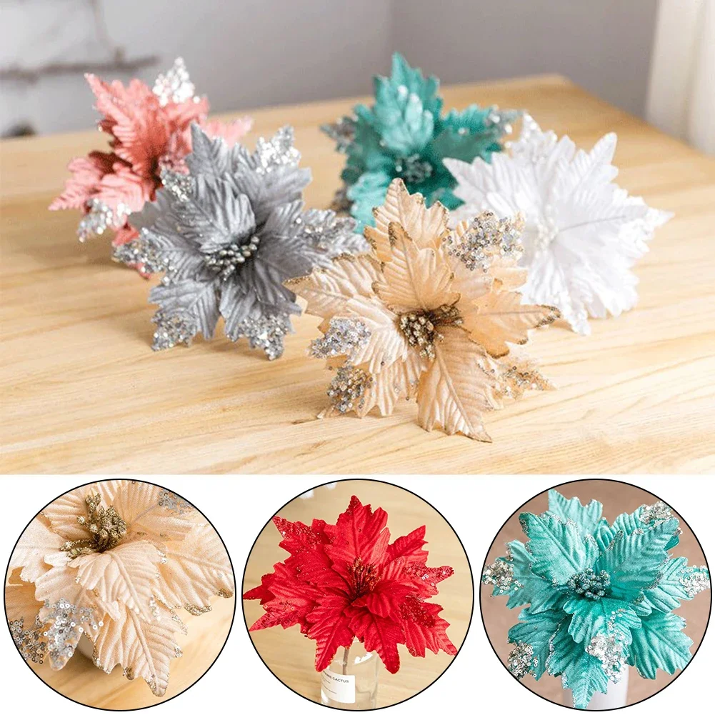 Paillettes Fiore di Natale Flanella Plastica fatta a mano 1PC 25 cm Panno per la decorazione Alberi di Natale per creare un'atmosfera natalizia