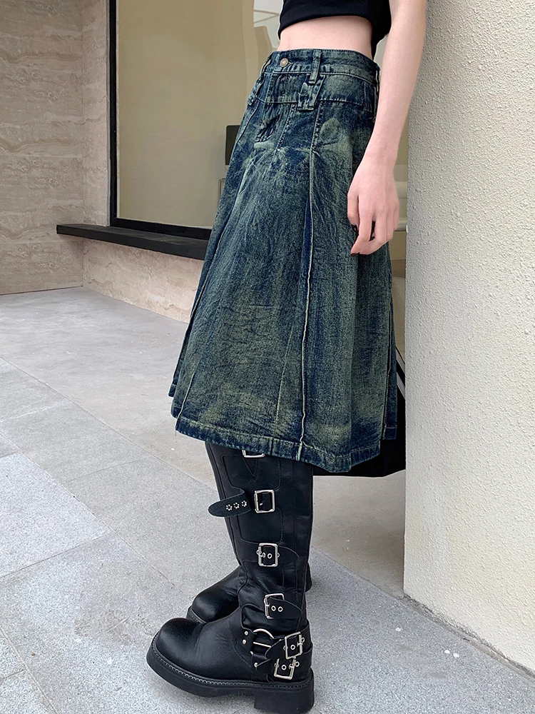 S-4XL Women Jeans Skirts Summer New High Waist A-Line Pleated Loose Casual Blue Midi Denim Skirts Female Streetwear Y2K Jeans