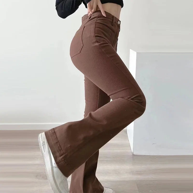 Women Flared Jeans Loose Denim Pants Bottom Straight High Waist Stretch Spring Autumn Solid Color Female Fashion Streetwear