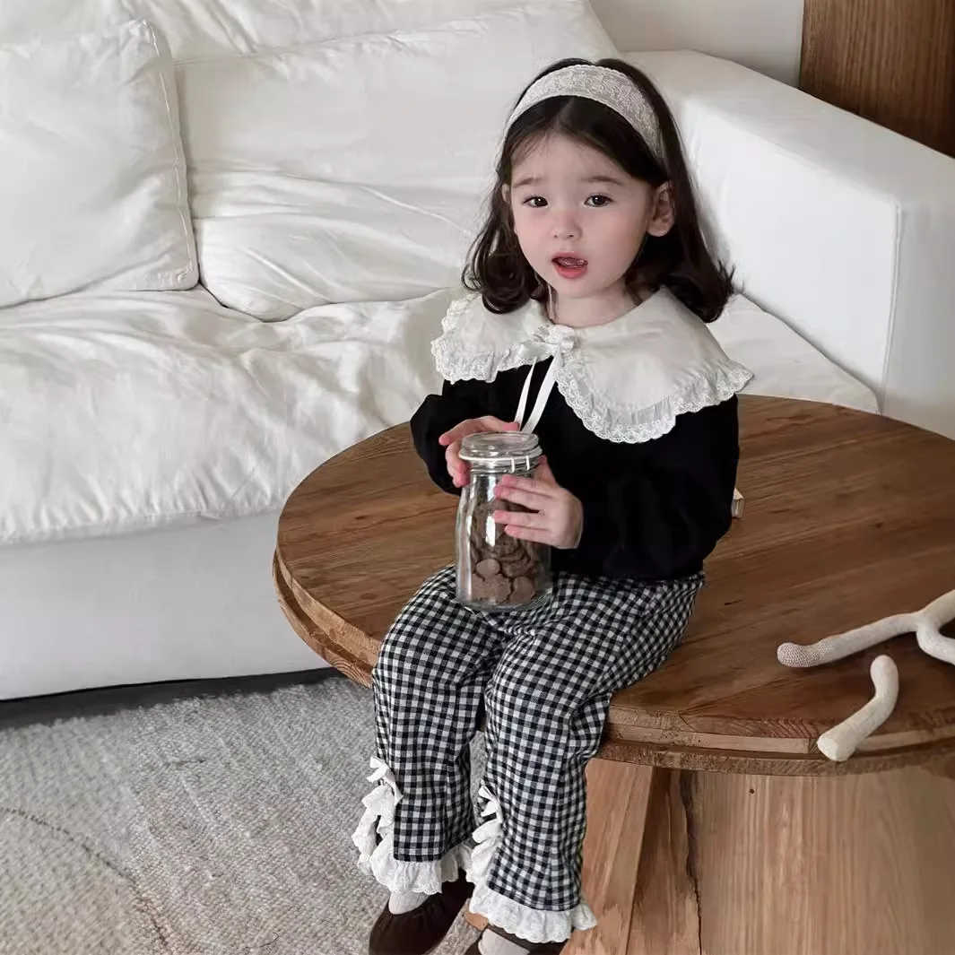 Children's Autumn Suit Korean Children's Clothing Baby Autumn Clothes Autumn Clothing Girls Lace Collar Sweater Plaid Pants Suit
