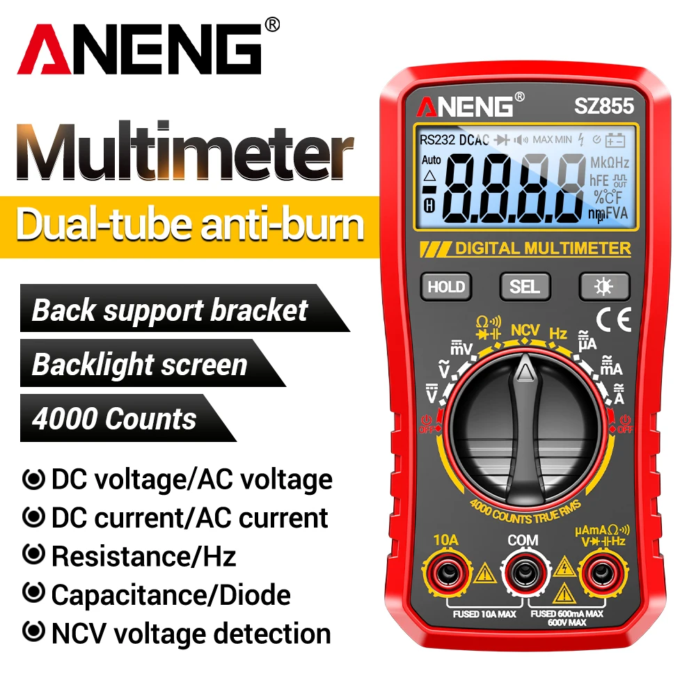 ANENG SZ855 4000 Zählungen Digitalmultimeter NCV-Tester AC DC 600V 10A Kapazität Widerstand Frequenz Diode Durchgangsprüfung Überhitzungsschutz Hintergrundbeleuchtung Datenhaltefunktion