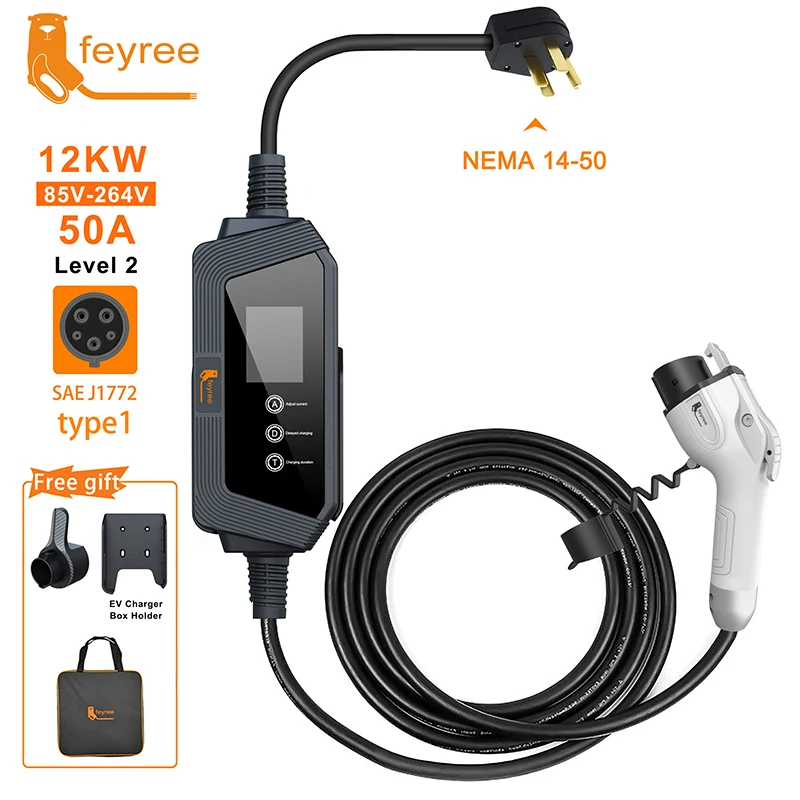 feyree 50A 12KW Type1 Portable EV Charger 1 Phase J1772 Socket with 14-50 Plug 5m Cable Current Adjustable Charging Box Holder