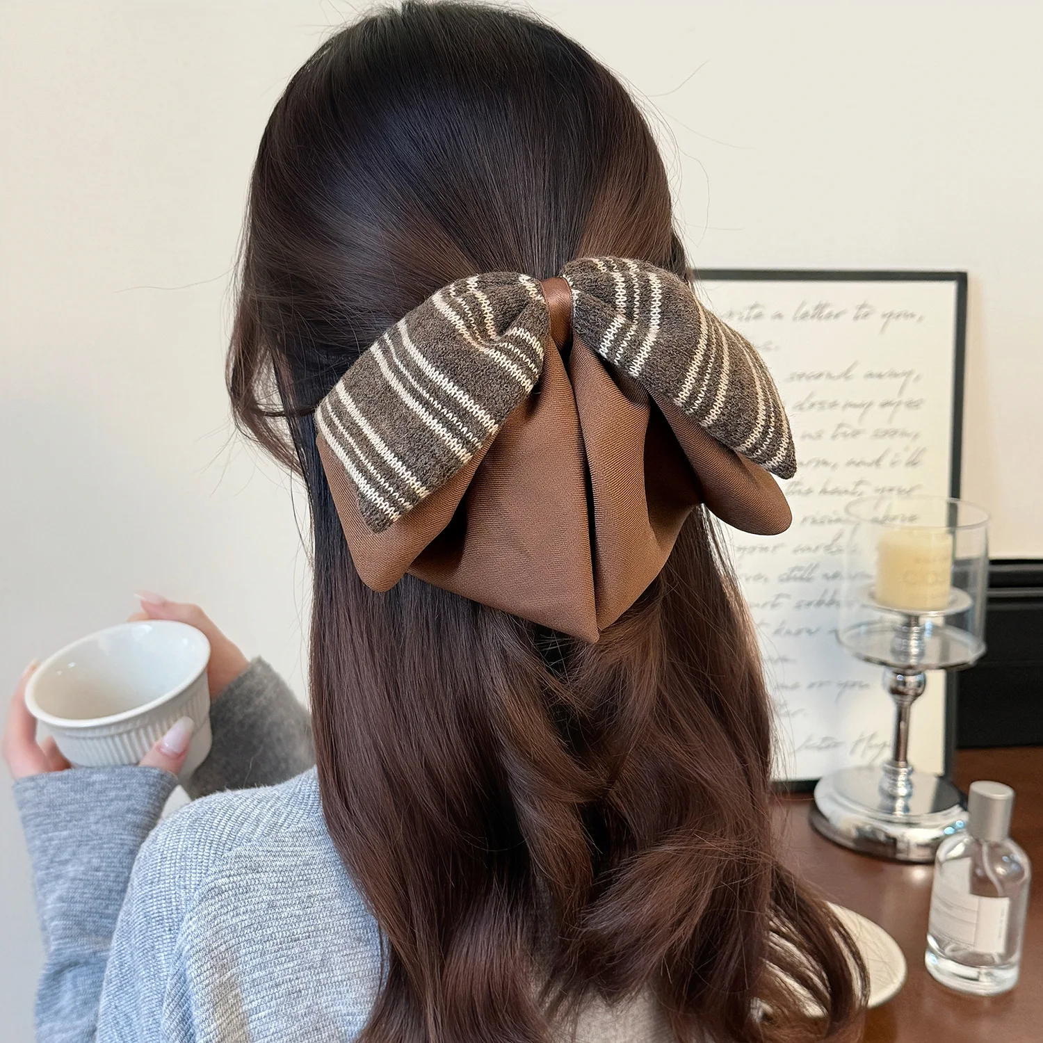

Oversize Ribbon Bow Hair Claw Clips Crab Barrettes Women Girls Ponytail Knitted Stripes Bow Hair Clamps Hair Accessories Winter