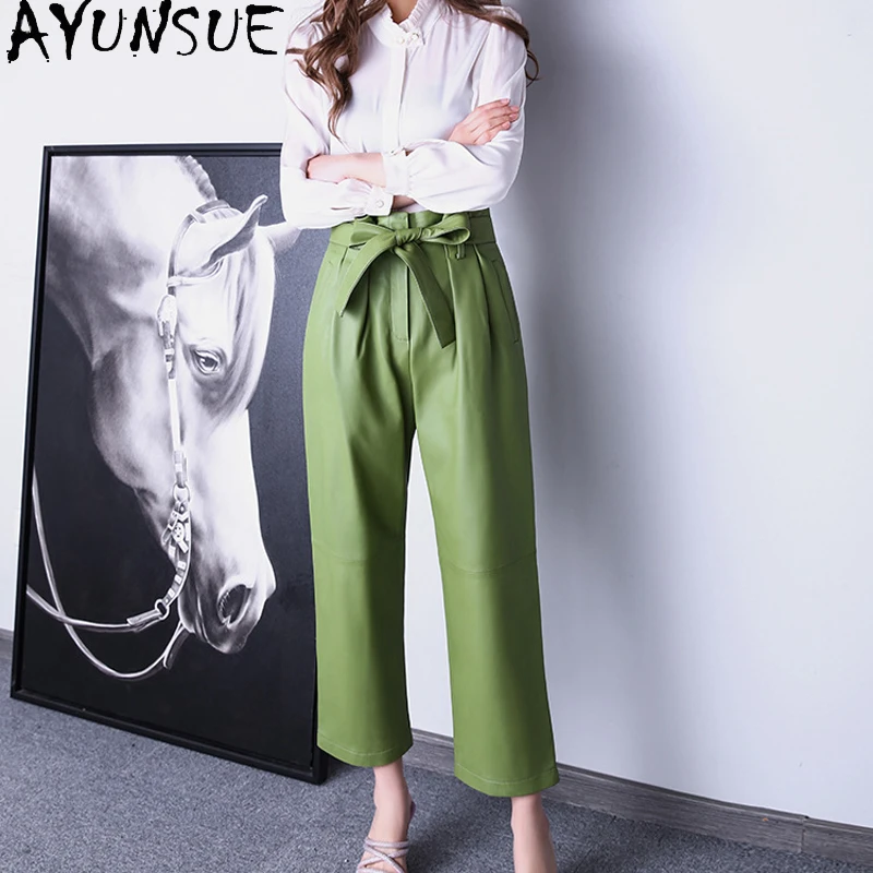 AYUNSUE Straight Pants Women Female Genuine Leather Folded High Elastic Waist Bow Tie Lace Trousers Mujer Grass Green Pantalon