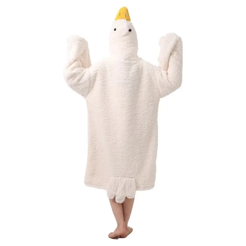 New Thicken Coral Fleece Hooded Robe Big Goose Nightgown Funny Goose Couple Cute Cartoon Sleepwear Cosplay Duck Home Clothes