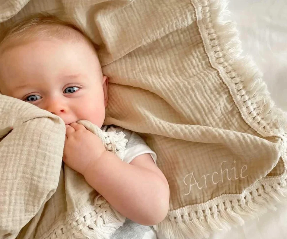 

Personalised Muslin Tassel Blanket, Baby Gift Baby Boy Gift Baby Girl Gift, Personalised Gift Swaddle Blanket, New Baby Gift