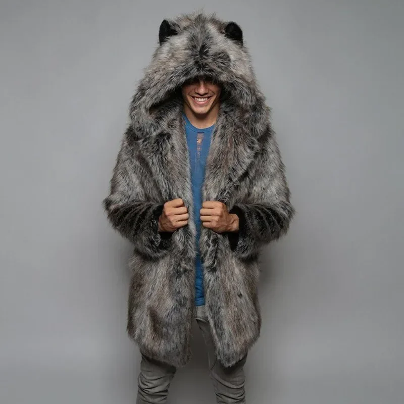 New European and American Faux Fur Coat Men Winter Leisure Warm Marten Overcoats Male Long Type Hooded Super Warm Coat