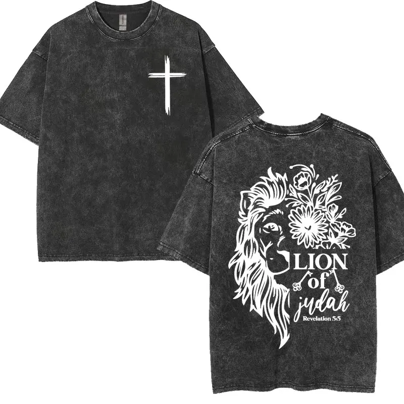 Jesus Lion of Judah Vintage Washed T-shirt Men Women Aesthetic Christian Apparel T Shirts Fashion Gothic Oversized T Shirt Tops