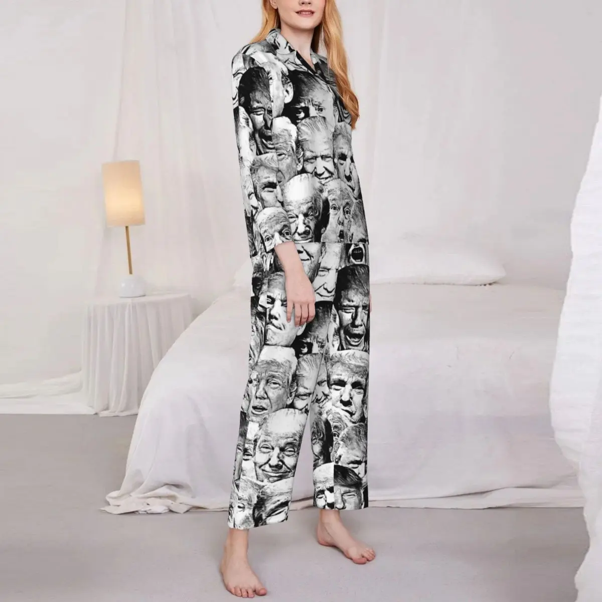 Funny Meme Print Pajamas Womens Trump Collage Soft Sleep Sleepwear Spring 2 Piece Casual Oversized Design Pajama Sets