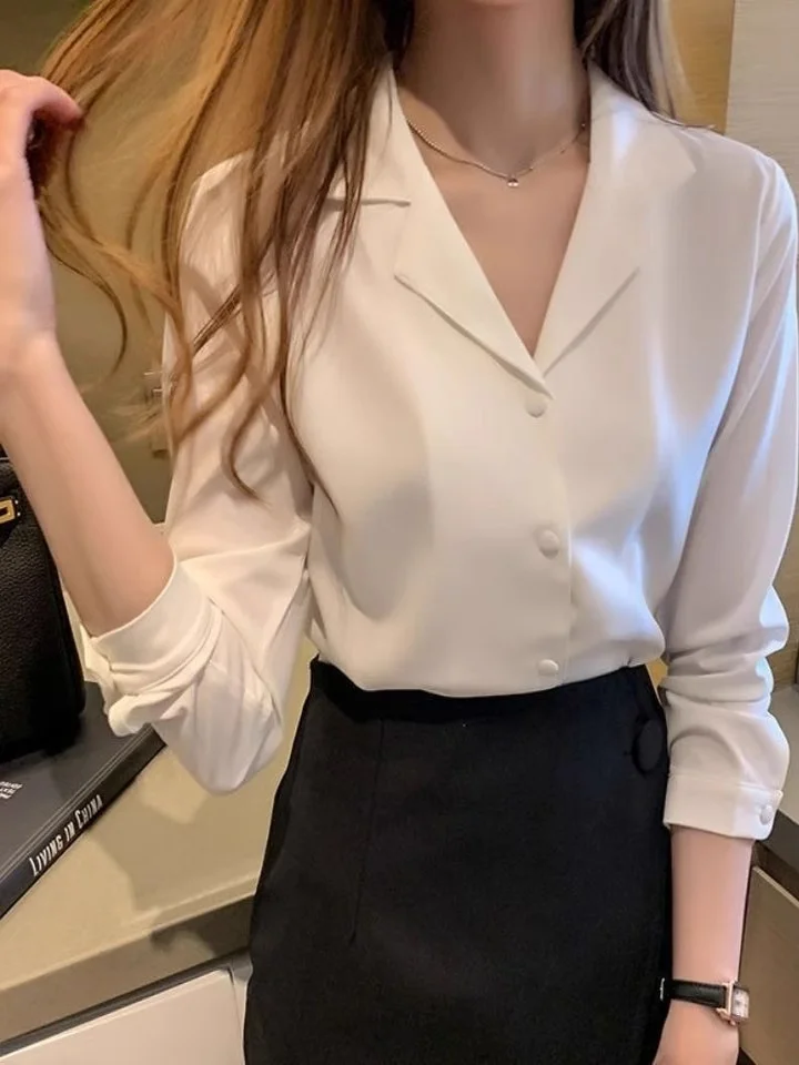 

Ele White Chiffon Long Sve irt for Women Spring Autumn New Design Off-oulder Loose Fit Busin Casual Sle