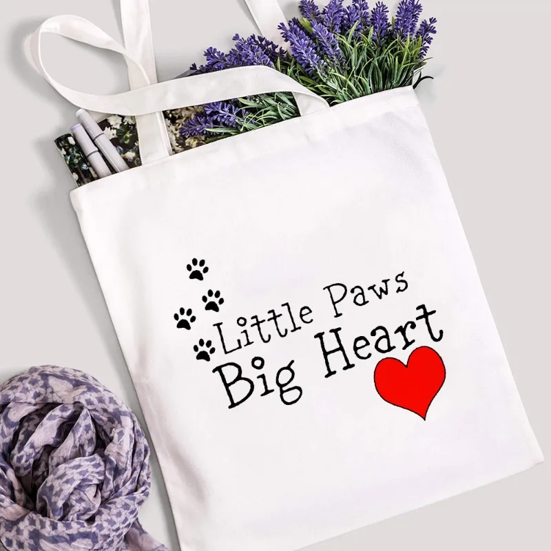 Dog Paw Prints Printed Shoulder Bag Peace Love Women Shopping Bags Ladies Cartoon Canvas Portable Handbag High Capacity Tote Bag