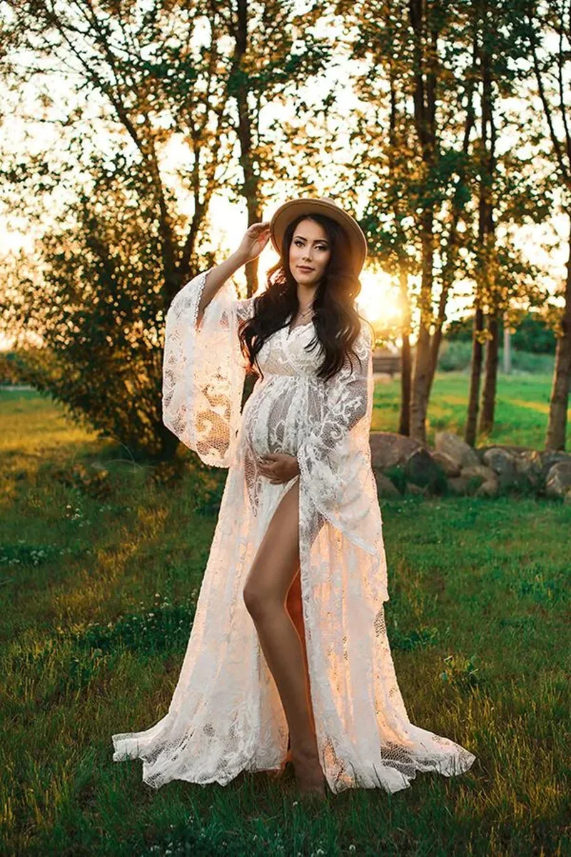 Boho Lace Maternity Photography Props Dresses Free Size Adjustable Pregnancy Photo Shoot Bohemian Long Dress Sides Slit