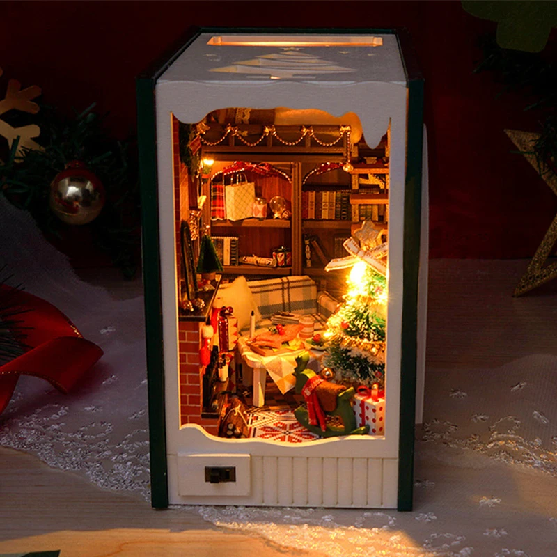 NEW Merry Christmas DIY Wooden Book Nook Shelf Insert Miniature Kits Bookshelf Home Decoration For Adult Xmas Handmade Gifts