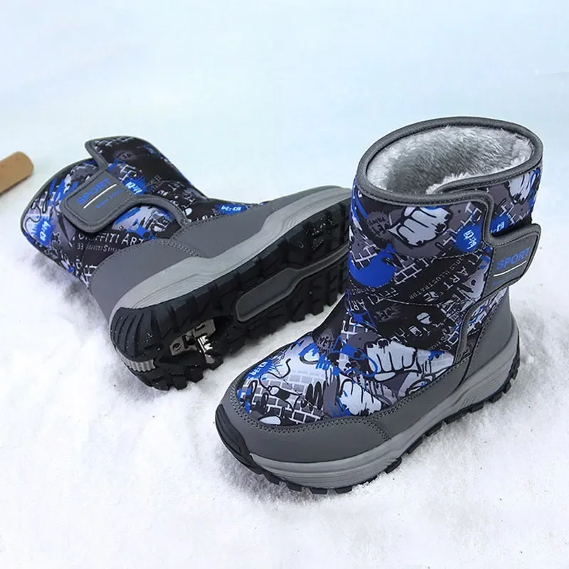 Kids Big Boys Snow Boots Winter Warm Fur Shoes Size 31-39# Children Plush Shoe Footwear Non-slip Camouflage Waterproof 222