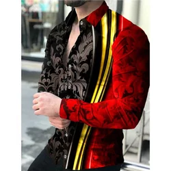 Camisa de solapa de manga larga con estampado digital 3D para hombre, camisa informal a la moda, primavera y otoño