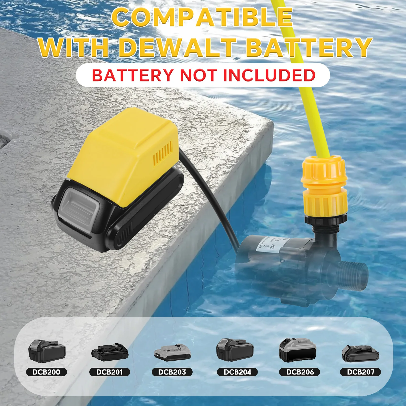 Беспроводной насос для перекачки воды, бесщеточный портативный погружной водяной насос 317GPH с водяным шлангом длиной 2 м для аккумуляторного штифта DeWalt 20 В