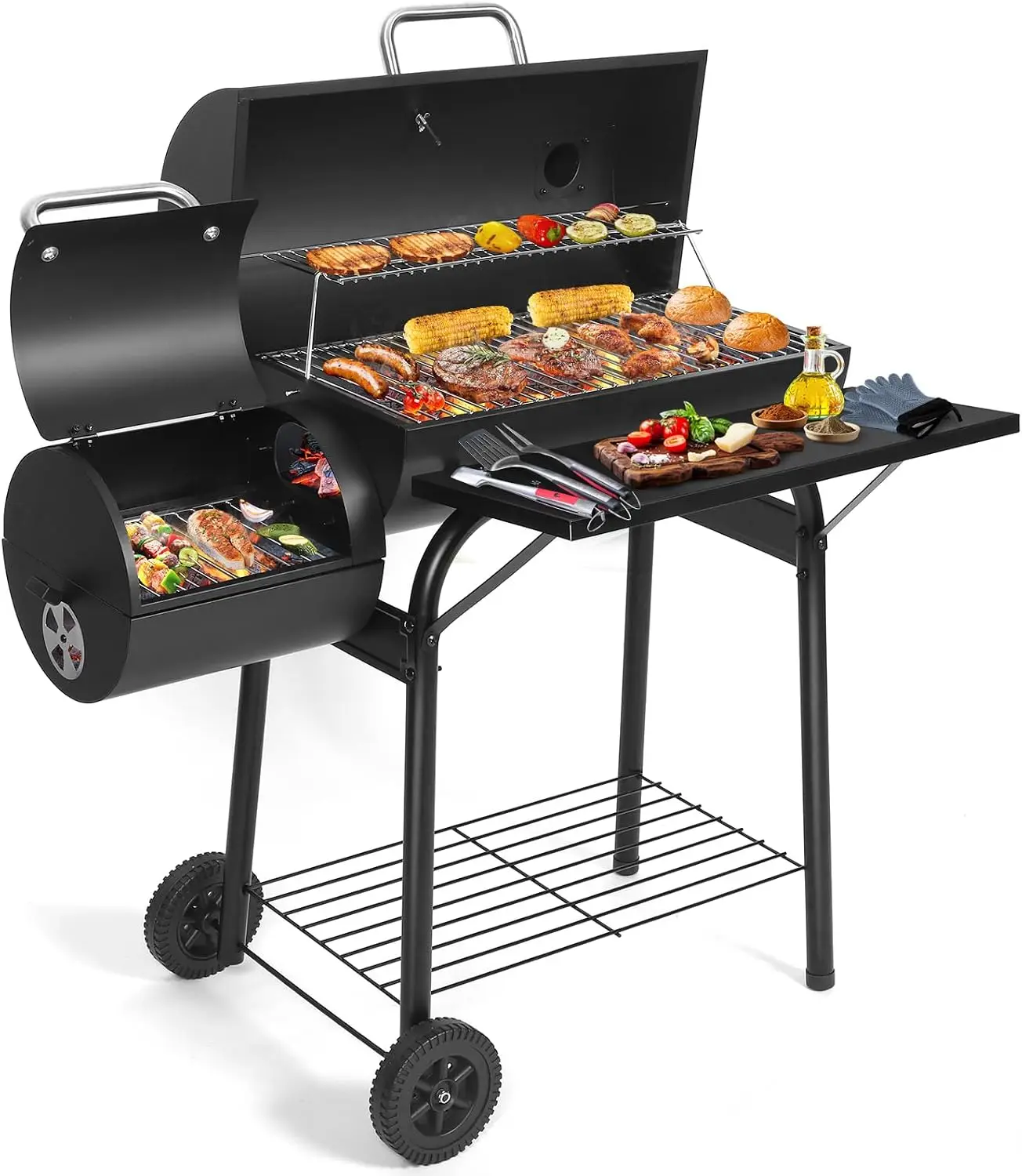 Charcoal Grill Offset Smoker: Spacious Cooking Area Barrel BBQ Grill and Smokers Combo for Outdoor Patio Backyard Camping