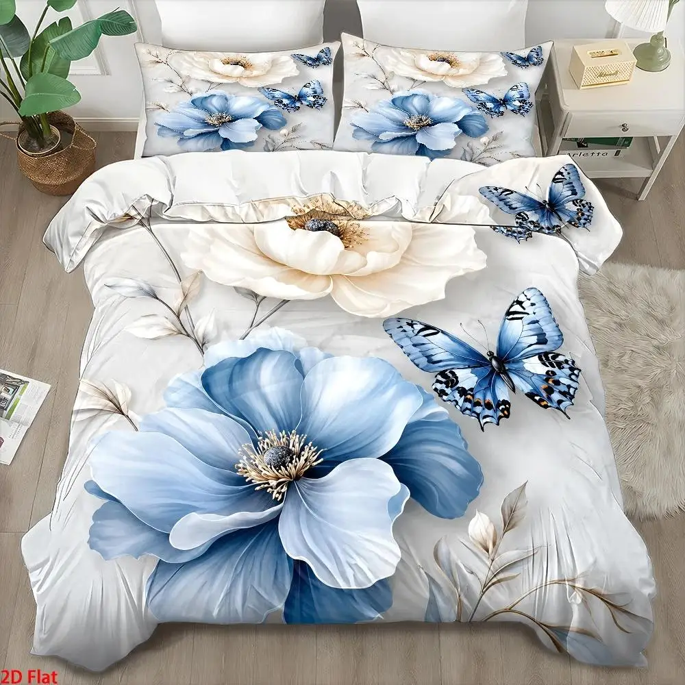 3Pc Light Luxury Style Blue and White Floral Butterfly Print Duvet Cover Set, Nordic Style Bedding Three-Piece Set (1*Duvet Cover + 2*Pillowcases), Modern Minimalist Double Bed Bedding, Skin-Friendly Breathable All-Season Bedding, Invisible Zipper Easy-To-Clean Durable Set, Wrinkle-Resistant Machine Washable Bedroom Decor Bedding, Suitable for Home Master Bedroom Guest Room Student Dormitory, Quilted Design Soft Comfortable Bedspread Set, Large Double Bed Cover Popular Bedding, Quilted Design Soft Comfortable Bedspread Set, Large Double Bed Cover Popular Bedding
