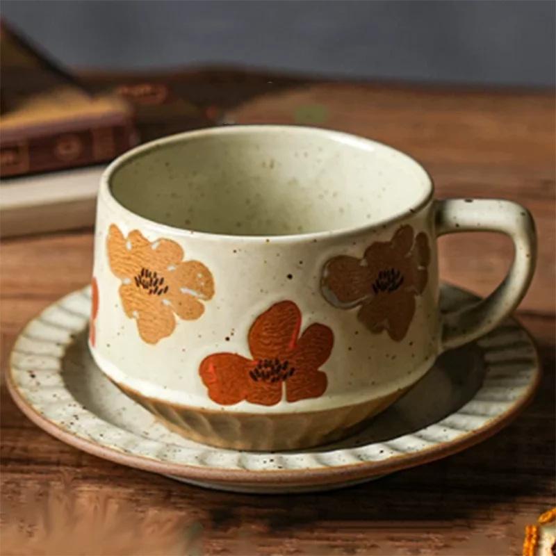 Creative Retro Ceramic Mug Flower Series Underglaze Color Process 300ML Smooth Glaze Texture Handle Simple Versatile Coffee Cup
