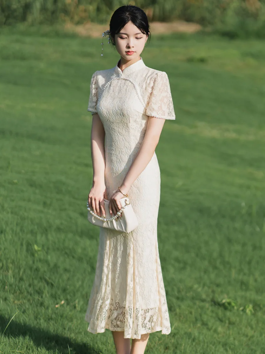 

Весеннее традиционное кружевное платье Cheongsam с коротким рукавом, мягкое винтажное шифоновое платье русалки, тонкое элегантное длинное Ципао